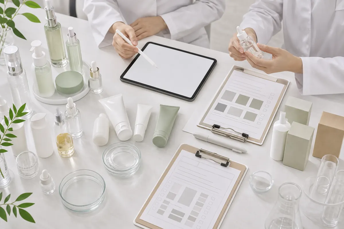 Cosmetics manufacturing support desk with product samples and project notes