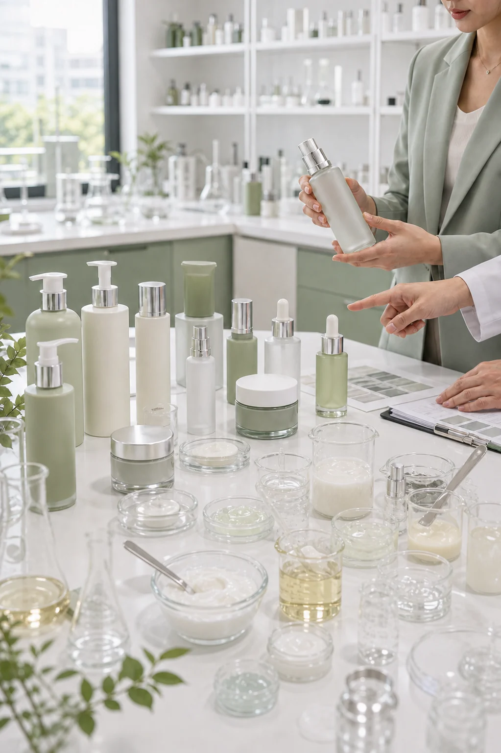 Bio Cosmorigin skincare formula R&D beakers and private label cosmetics OEM ODM product samples