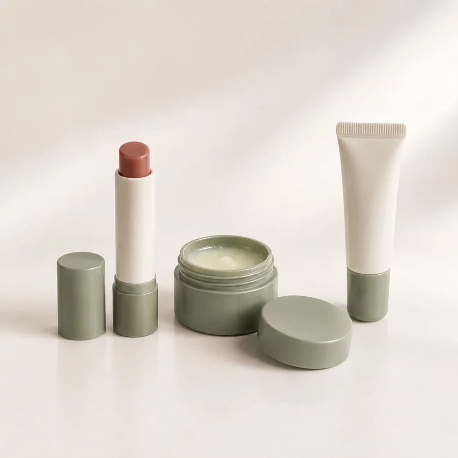 Illustration of lip balm stick, lip mask jar and squeeze-tube packaging concepts
