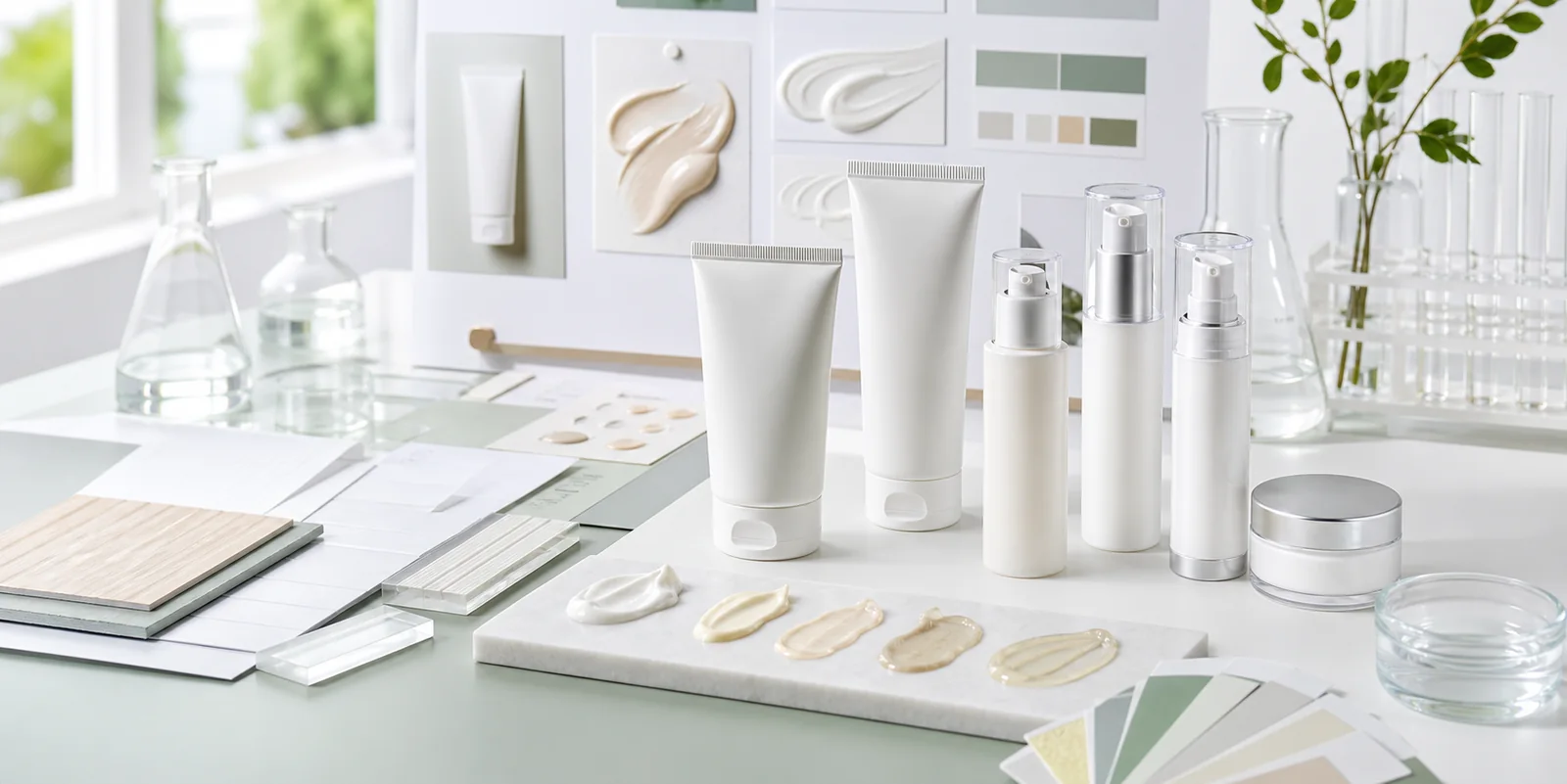 Sunscreen OEM product development samples with tubes bottles and formula textures
