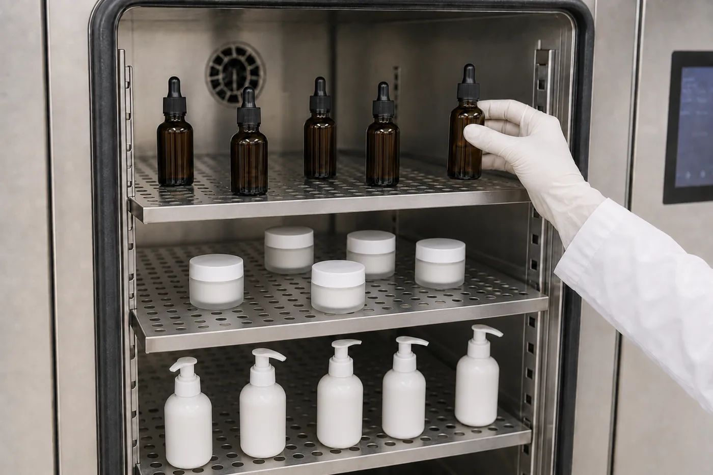Cosmetic product stability testing in a controlled test chamber
