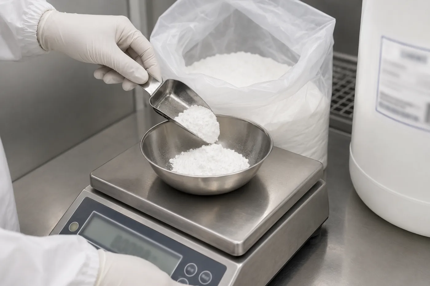 Raw material weighing for a cosmetics production batch