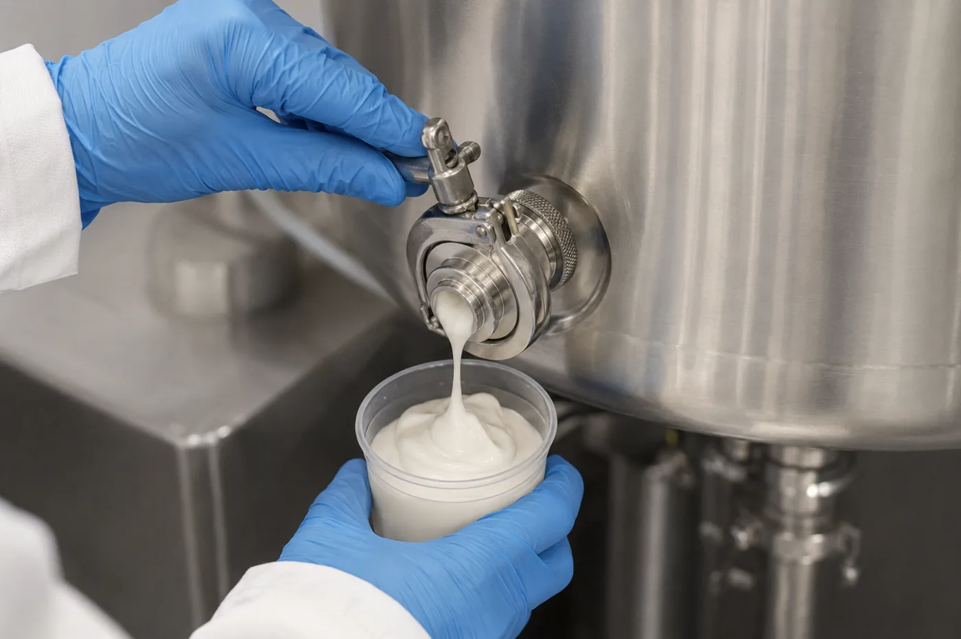 Cream sample collected from vacuum emulsification equipment