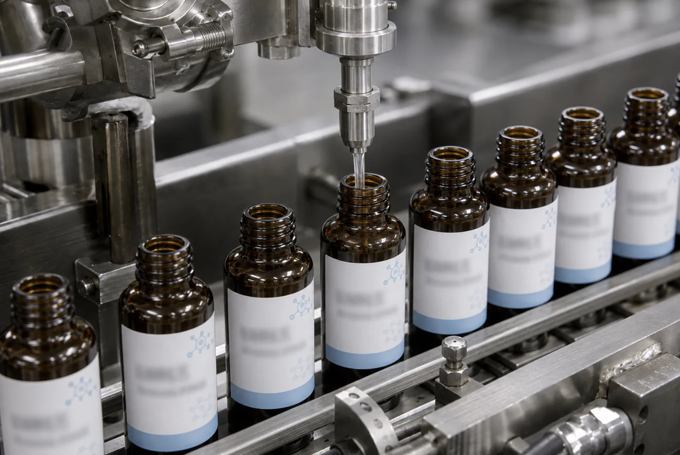 Skincare serum filling on a cosmetics production line